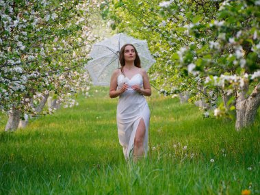 2020 bahçesinde çiçek açan elma ağaçlarında beyaz şemsiyeli bir kız.