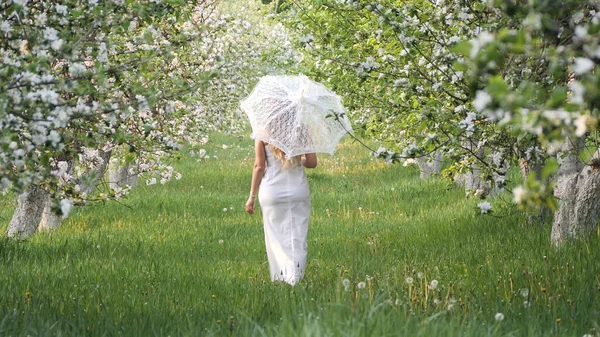 Mädchen Mit Weißem Regenschirm Blühenden Apfelbäumen Garten 2020 — Stockfoto