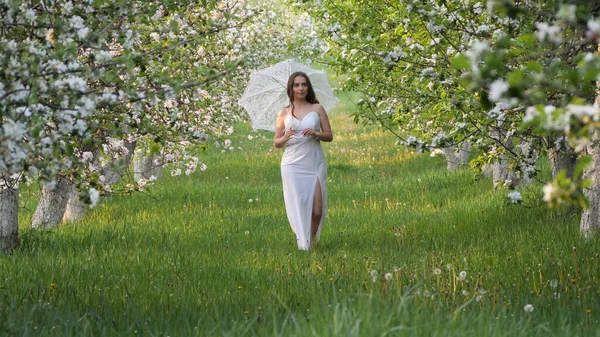 2020 bahçesinde çiçek açan elma ağaçlarında beyaz şemsiyeli bir kız.