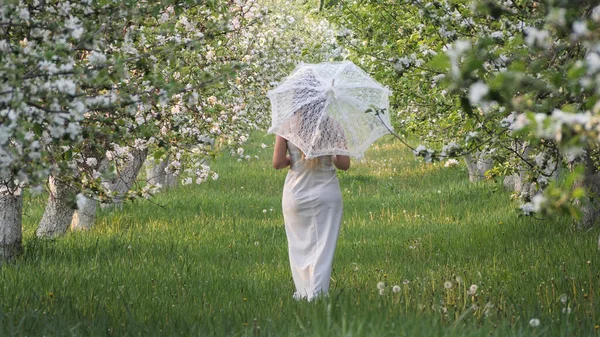 Dziewczyna Białym Parasolem Kwitnących Jabłoni Ogrodzie 2020 — Zdjęcie stockowe