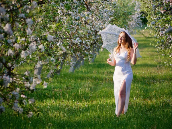 Дівчина Білою Парасолькою Квітучих Яблунях Саду 2020 — стокове фото