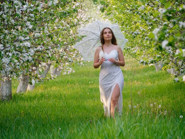 Дівчина Білою Парасолькою Квітучих Яблунях Саду 2020 — стокове фото
