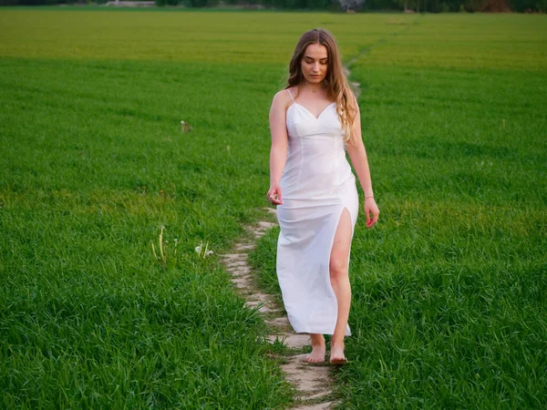 Fille Dans Une Longue Robe Blanche Sur Champ Vert 2020 — Photo