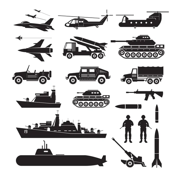 Set silhouette per veicoli militari, Vista laterale — Vettoriale Stock