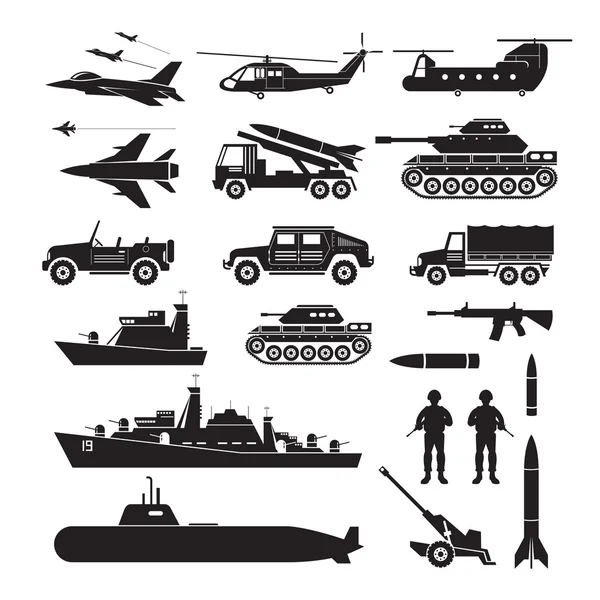 Militärfahrzeuge Objekt Silhouette Set, Seitenansicht — Stockvektor