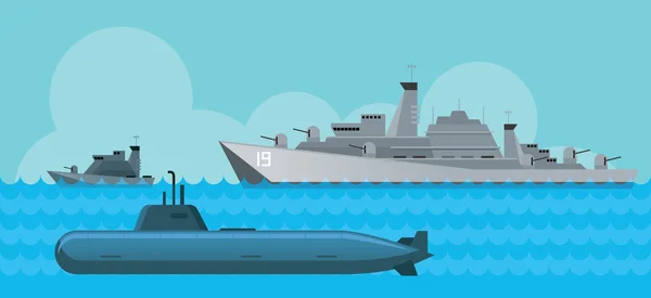 Oorlogsschip en onderzeeër, zijaanzicht in de zee — Stockvector