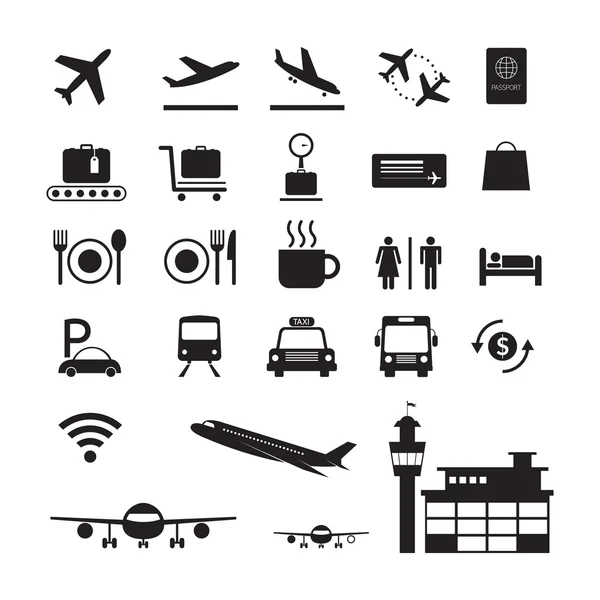 Conjunto de iconos y símbolos de silueta del aeropuerto — Vector de stock