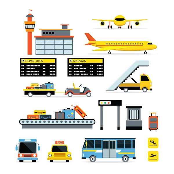 공항 개체 평면 디자인 설정 — 스톡 벡터