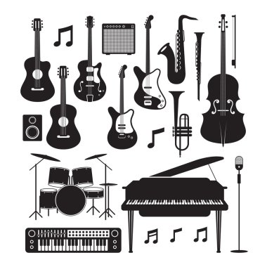 Caz müzik aletleri siluet nesneleri kümesi