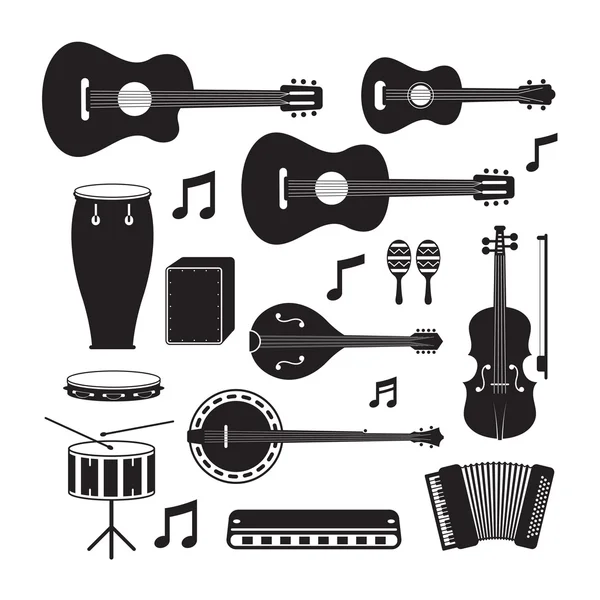 Music Instruments Acoustic Silhouette Objects Set — Stockový vektor