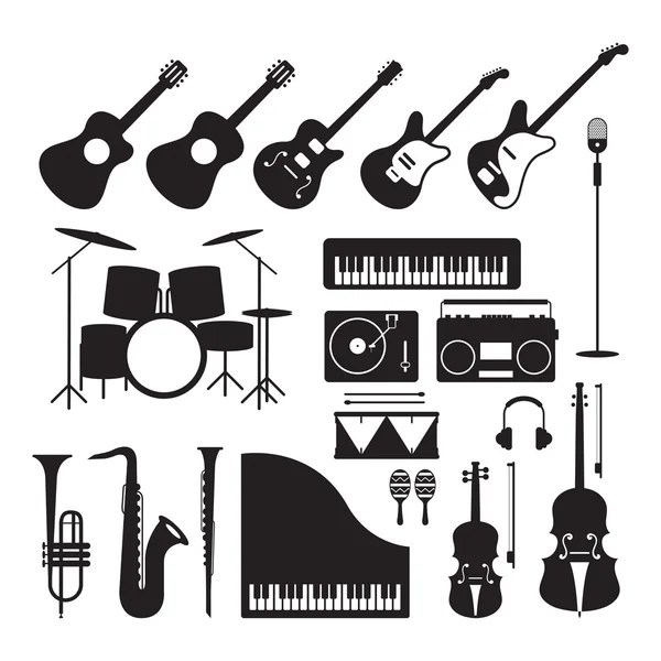 Conjunto de objetos de silueta de instrumentos de música — Vector de stock