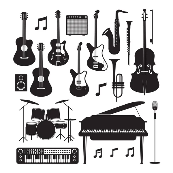 Jazz Music Instruments Silhouette Objects Set — Stock Vector