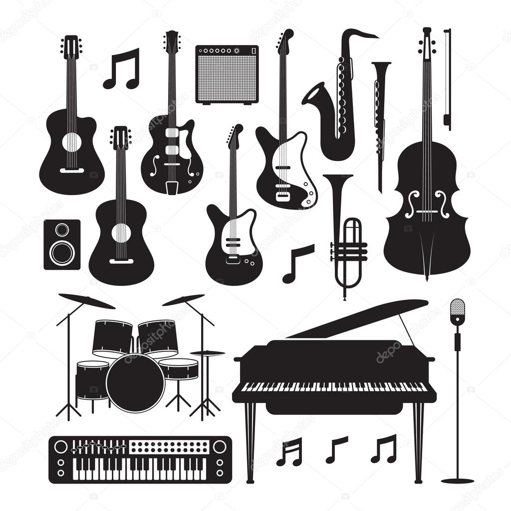Jazz Music Instruments Silhouette Objects Set