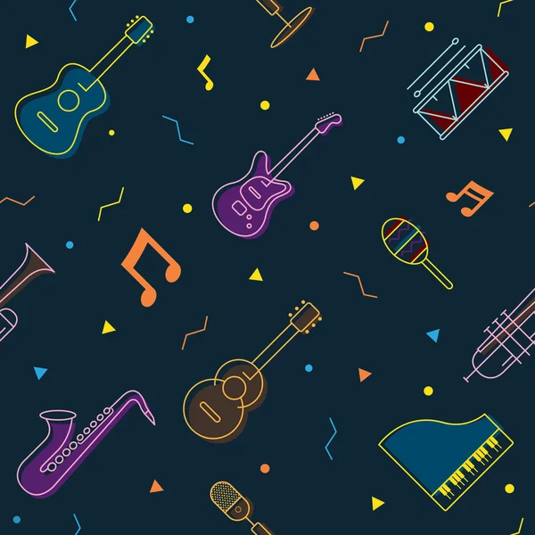 Music Instruments Objects Seamless Pattern, Line Design — Stock vektor