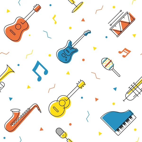 Music Instruments Objects Seamless Pattern, Line Design — Stock vektor