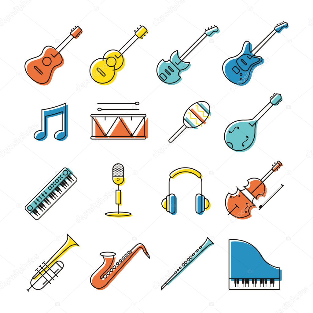 Music Instruments Objects Icons Set, Line Design