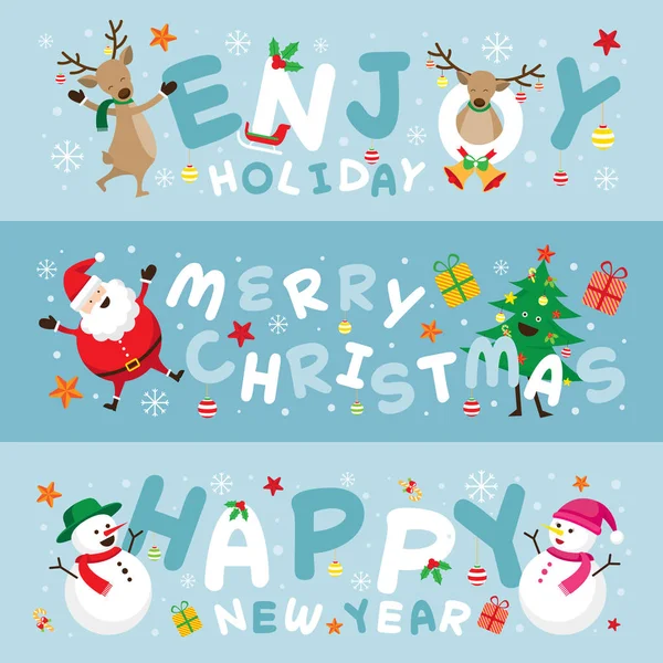 Jul banderoll, jultomten och vänner med bokstäver — Stock vektor