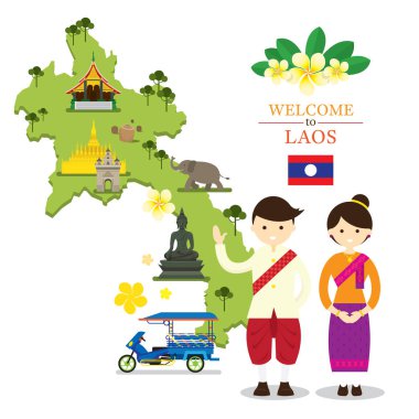 Laos Map and Landmarks with People in Traditional Clothing clipart