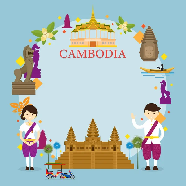 Camboya Lugares de interés, Personas con ropa tradicional, Marco — Vector de stock