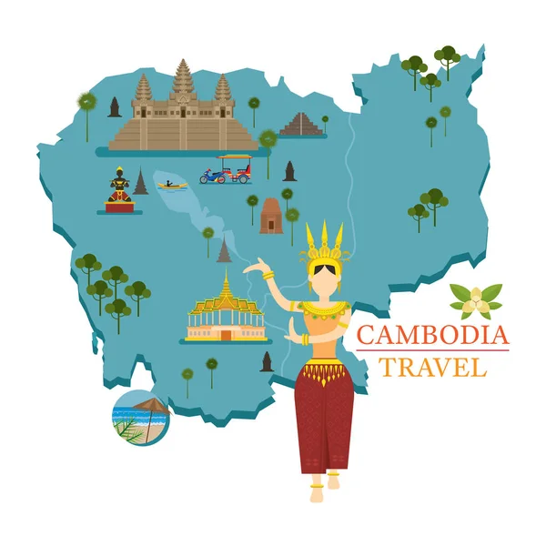 Mapa Kambodže a památky s tanečnicí Apsara — Stockový vektor