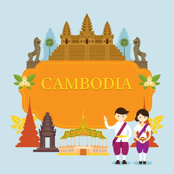 Camboya Lugares de interés, Personas con ropa tradicional, Marco — Vector de stock