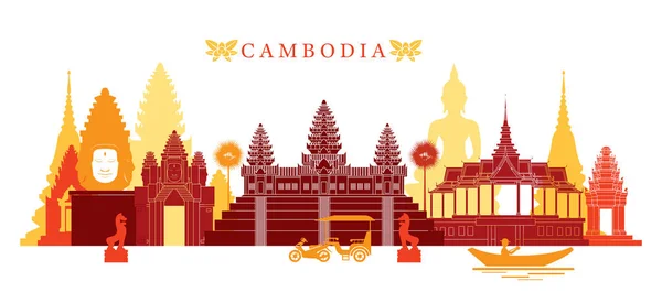 Cambodja bezienswaardigheden Skyline, kleurrijke — Stockvector