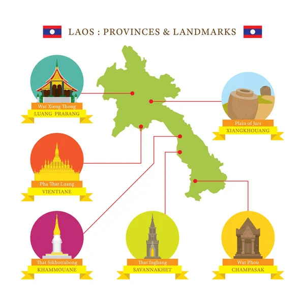 Provincies van Laos en de pictogrammen van de monumenten met kaart — Stockvector