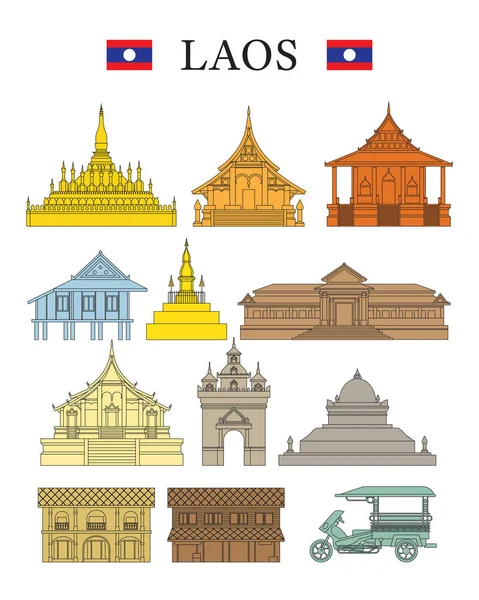 Laos Luoghi di interesse e cultura Set di oggetti — Vettoriale Stock