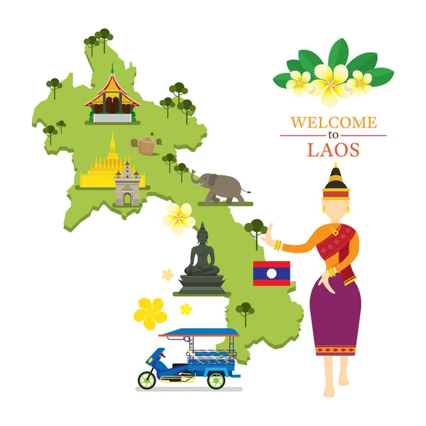 Mapa do Laos e marcos com dançarina tradicional — Vetor de Stock