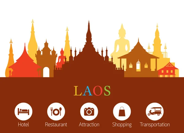 Lugares de interés de Laos Skyline con iconos de alojamiento — Vector de stock