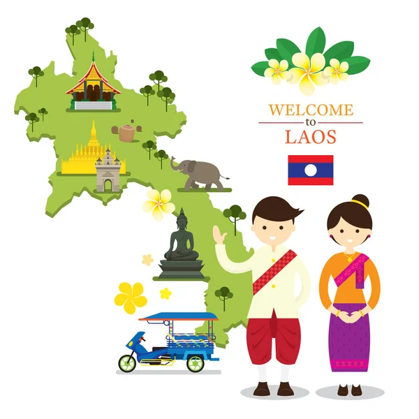 Laos Map and Landmarks with People in Traditional Clothing — Stock Vector