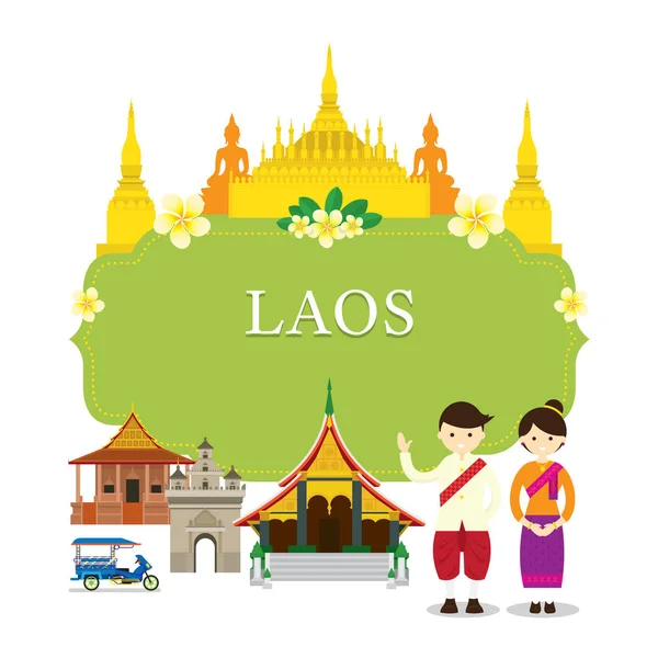 老挝的地标，人们在传统服装，框架 — 图库矢量图片