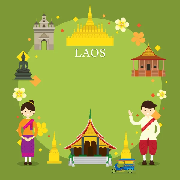 Laos zabytki, ludzie w tradycyjne stroje, ramka — Wektor stockowy