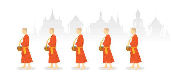 A Row of Buddhist Monks on Alms Round, Thailand Background