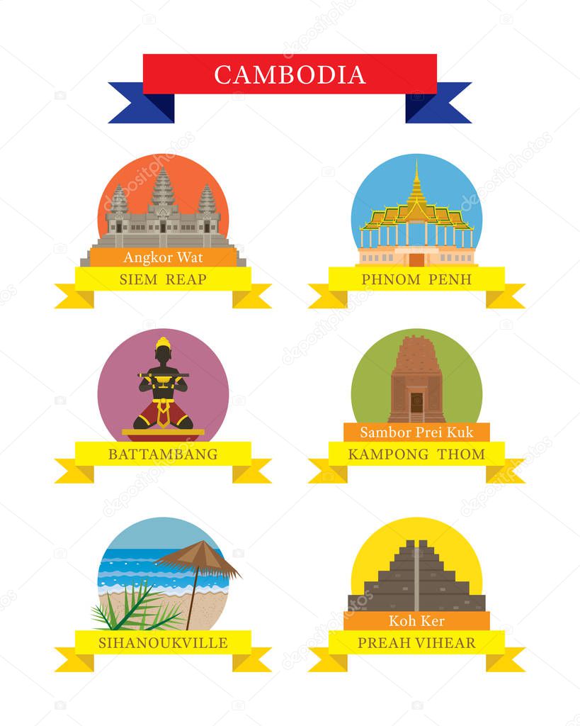Cambodia Provinces and Landmarks Icons Set 