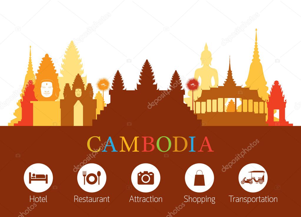 Cambodia Landmarks Skyline with Accommodation Icons
