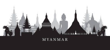 Myanmar yerlerinden manzarası içinde siyah ve beyaz siluet