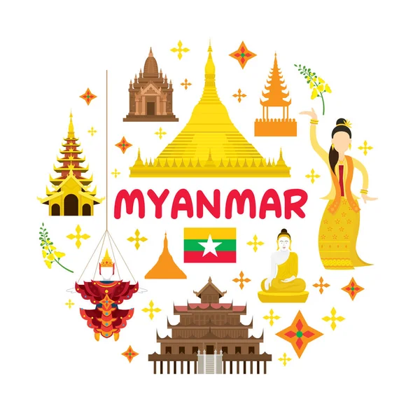 Etiqueta de atracción de viaje de Myanmar — Vector de stock