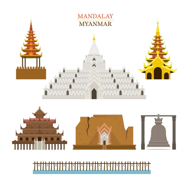 Mandalay, Myanmar, Arquitetura Edifício Marcos — Vetor de Stock