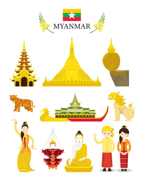 Μιανμάρ σημεία ενδιαφέροντος και Πολιτισμός σύνολο αντικειμένου — Διανυσματικό Αρχείο