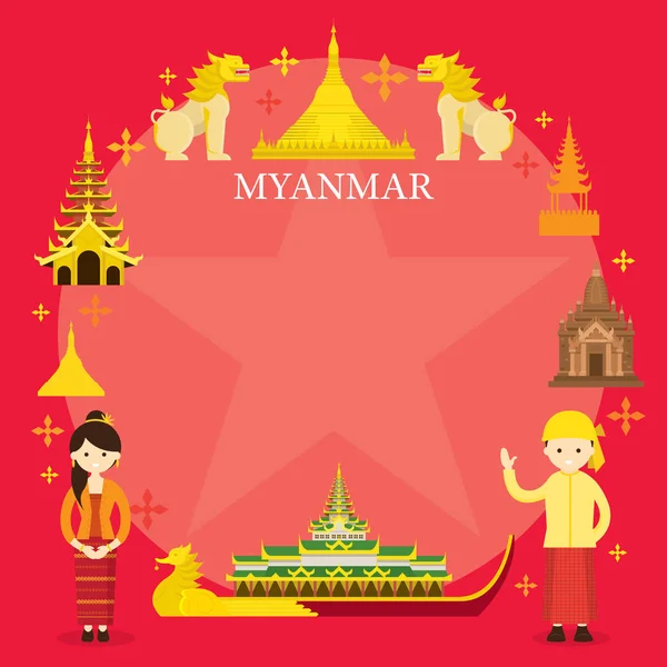 Myanmar Lugares de interés, Personas con ropa tradicional, Marco — Vector de stock