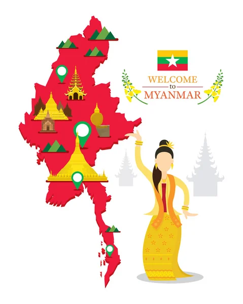 Myanmar Mapa y lugares de interés, Danza tradicional — Archivo Imágenes Vectoriales