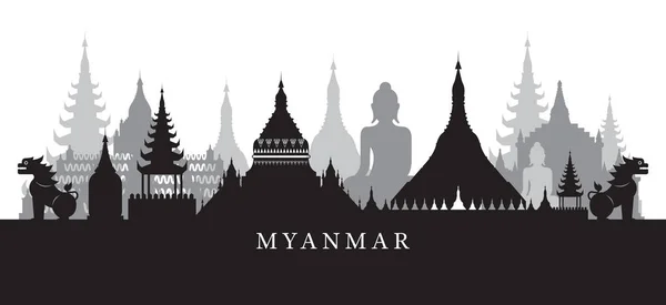 Ориентиры Мьянмы Skyline in Black and White Silhouette — стоковый вектор