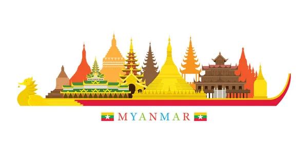 Myanmar Arquitectura Lugares de interés Skyline — Vector de stock