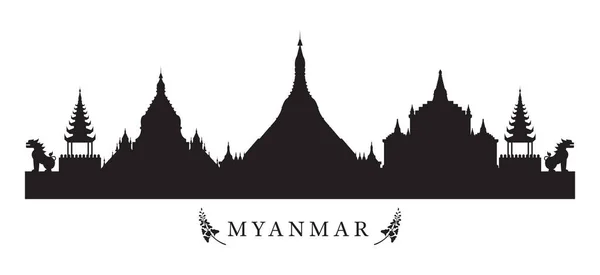 Myanmar sevärdheter Skyline i svartvit siluett — Stock vektor
