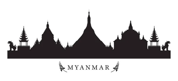 Myanmar bezienswaardigheden Skyline in zwart-wit silhouet — Stockvector