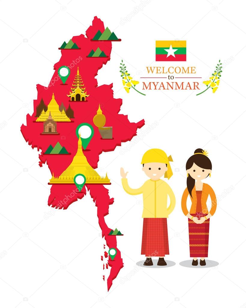 Myanmar Map and Landmarks with People in Traditional Clothing