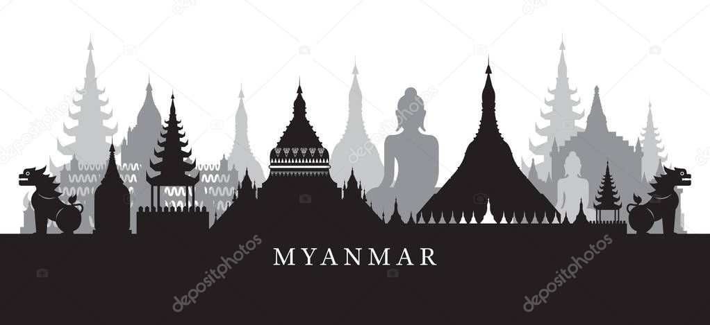 Myanmar Landmarks Skyline in Black and White Silhouette