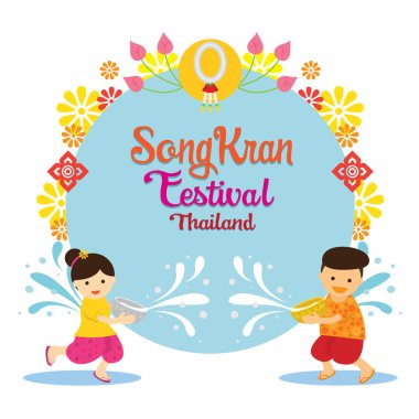 Songkran Festivali, çocuklar oynarken su, çerçeve