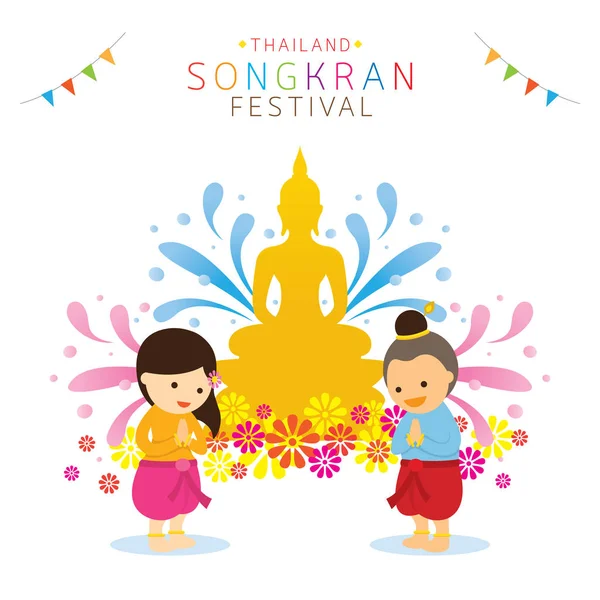 Songkran Festival, Kids Pay Homage to Buddha Statue — Stock Vector